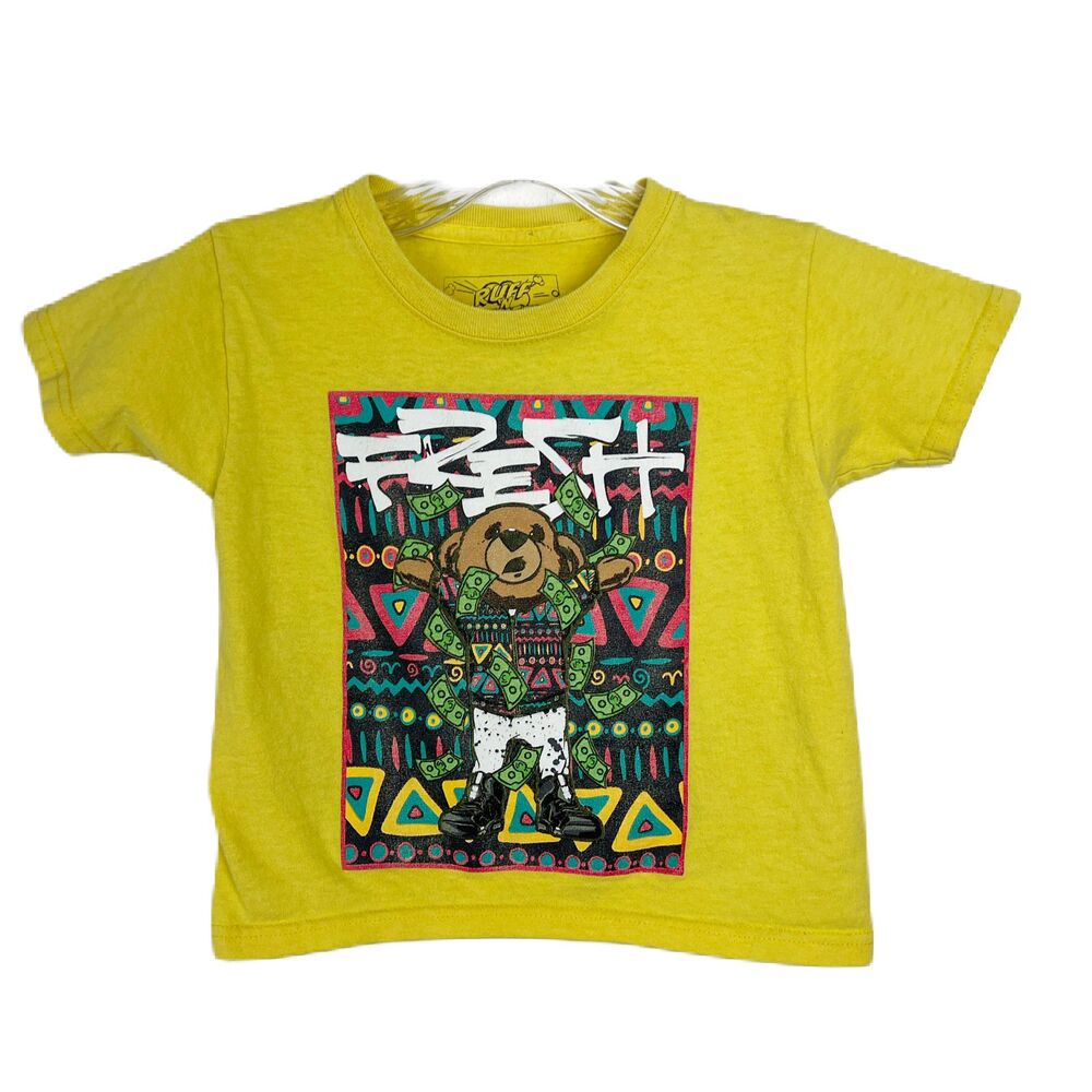 Ruff n Tuff Shirt Youth 4 Yellow Bear Money Bills Graphic Short Sleeve Kids Tee